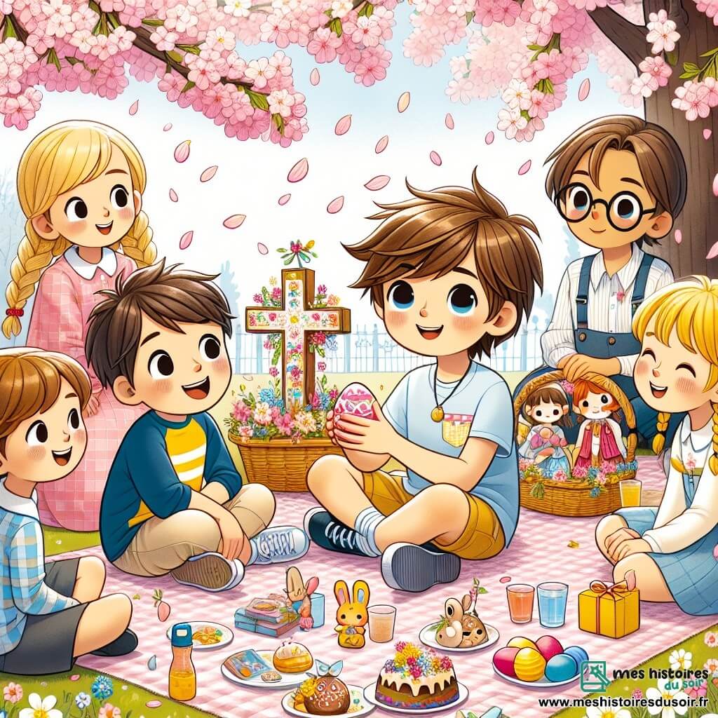 Illustration destinée aux enfants représentant une cour d'école en pleine floraison, où des cerisiers en fleurs déversent des pétales roses dans l'air, créant une atmosphère magique et printanière. Au centre, un garçon de 11 ans avec des cheveux bruns en bataille, portant un t-shirt bleu et un short beige, est assis sur une nappe à carreaux, entouré de ses camarades. À ses côtés, une fille aux cheveux blonds tressés, vêtue d'une robe jaune, rit en tenant un œuf coloré, tandis qu'un autre garçon aux lunettes rondes et à la chemise à rayures admire une croix décorée de fleurs qu'il a réalisée. Ensemble, ils partagent un pique-nique joyeux, entourés de plats japonais et de décorations colorées, célébrant le Hanami et la beauté du printemps.