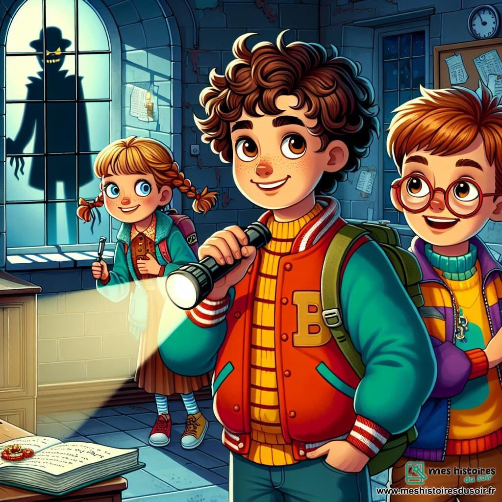 Une illustration sous forme de dessin destinée aux enfants représentant une scène nocturne dans une école mystérieuse, avec un garçon de 12 ans aux cheveux bruns bouclés et aux yeux pétillants, tenant une lampe de poche et scrutant une salle de classe abandonnée, accompagné de deux amis : une fille aux cheveux blonds tressés, portant une veste colorée et un carnet à la main, et un garçon aux cheveux châtains courts, avec un regard malicieux, tous les trois en train de chercher des indices sur un collier volé, tandis qu'une ombre se profile à l'extérieur de la fenêtre, ajoutant une touche de suspense à l'atmosphère.