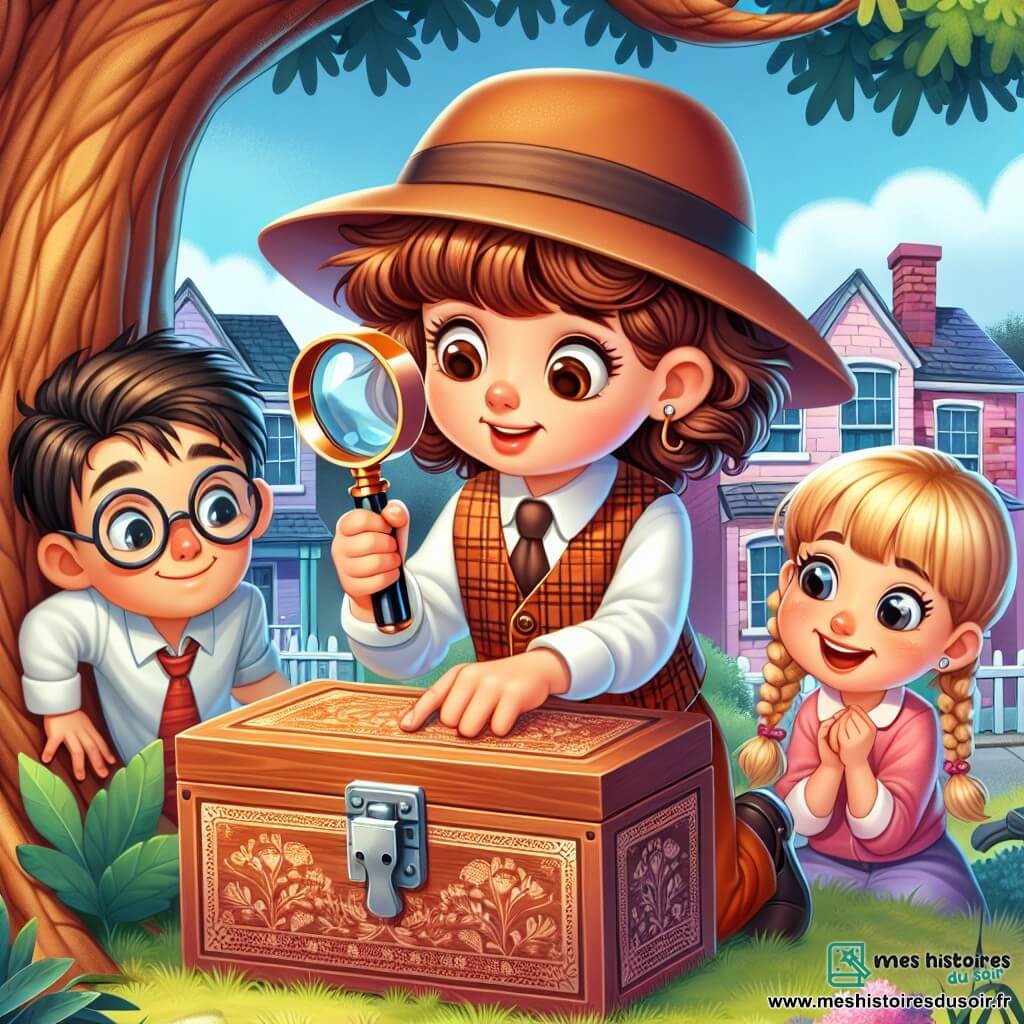 Une illustration sous forme de dessin destinée aux enfants représentant une petite fille de 11 ans aux cheveux châtains bouclés, portant une loupe géante et un gilet de détective, examinant avec curiosité une boîte en bois ornée de motifs délicats, sous un grand chêne dans un quartier résidentiel coloré, tandis que deux de ses amis, un garçon aux lunettes et une fille aux cheveux blonds tressés, l'observent avec enthousiasme, tous trois plongés dans une aventure mystérieuse à la recherche d'indices pour résoudre un ancien secret.