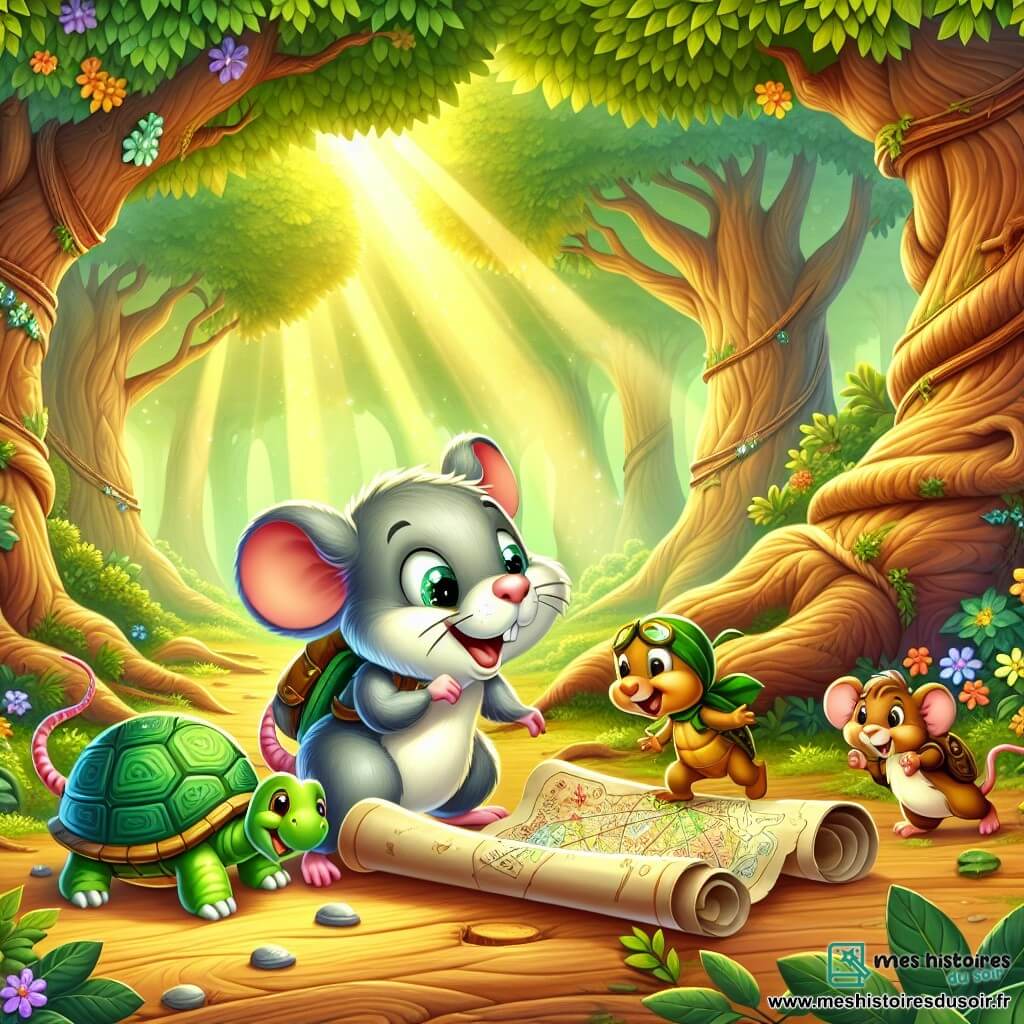 Une illustration sous forme de dessin destinée aux enfants représentant une forêt enchantée, avec des arbres majestueux aux feuilles verdoyantes et des fleurs colorées, où un rat malin au pelage gris argenté et aux yeux pétillants explore joyeusement une vieille carte enroulée, tandis qu'une tortue sage à la carapace verte et une petite souris aux grandes oreilles l'observent avec curiosité, le tout baigné par la lumière dorée du soleil filtrant à travers les branches, symbolisant l'aventure et l'amitié qui les unit dans leur quête d'un trésor caché.