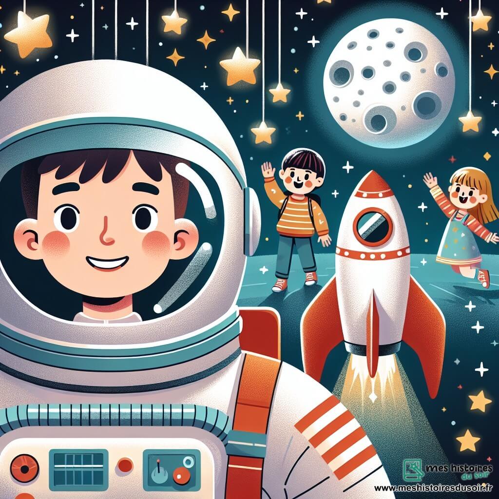 Une illustration sous forme de dessin destinée aux enfants représentant une scène spatiale colorée avec une fusée rouge brillante flottant dans un ciel étoilé, au premier plan un astronaute homme avec un casque argenté et une combinaison spatiale blanche, souriant et regardant par la fenêtre de sa fusée, tandis qu'en arrière-plan, deux enfants, un garçon aux cheveux bruns et une fille aux cheveux blonds, émerveillés, lèvent la main pour saluer l'astronaute, entourés d'étoiles scintillantes et d'une grande lune ronde, capturant l'esprit d'exploration et de rêve d'aventure dans l'espace.
