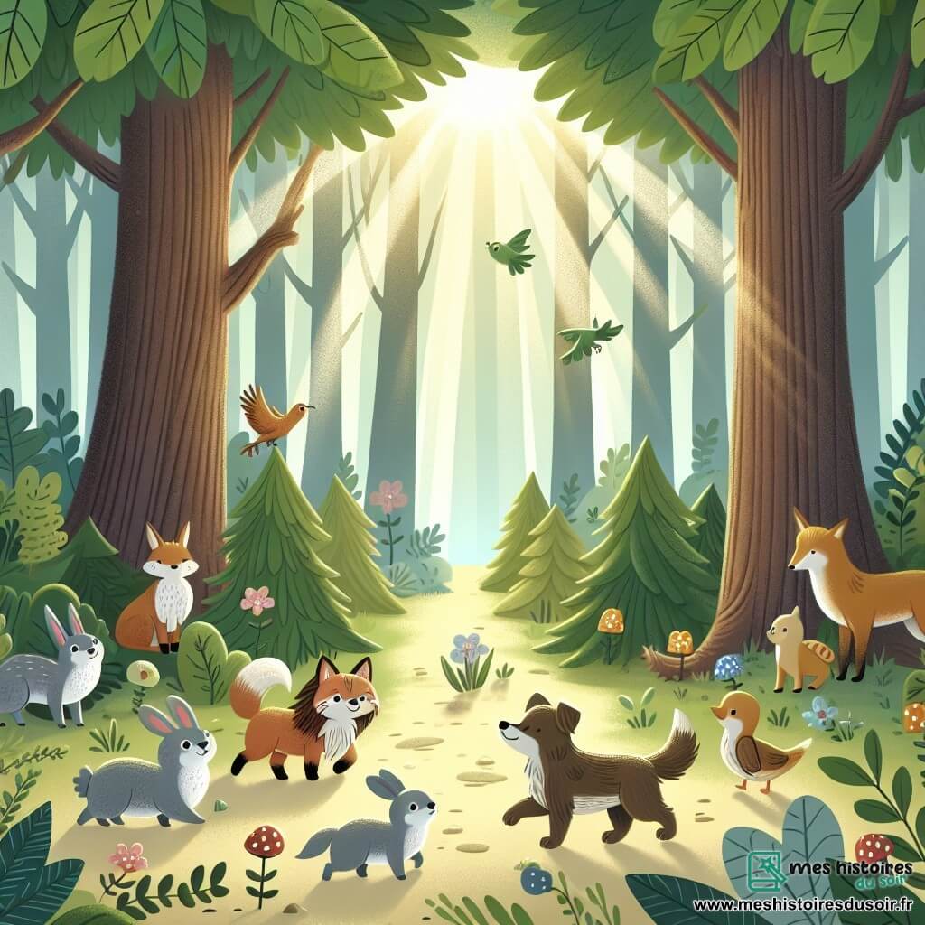 Une illustration destinée aux enfants représentant un chien courageux, entouré d'animaux de la forêt, dans une clairière enchantée où le soleil filtre à travers les feuilles des arbres majestueux.