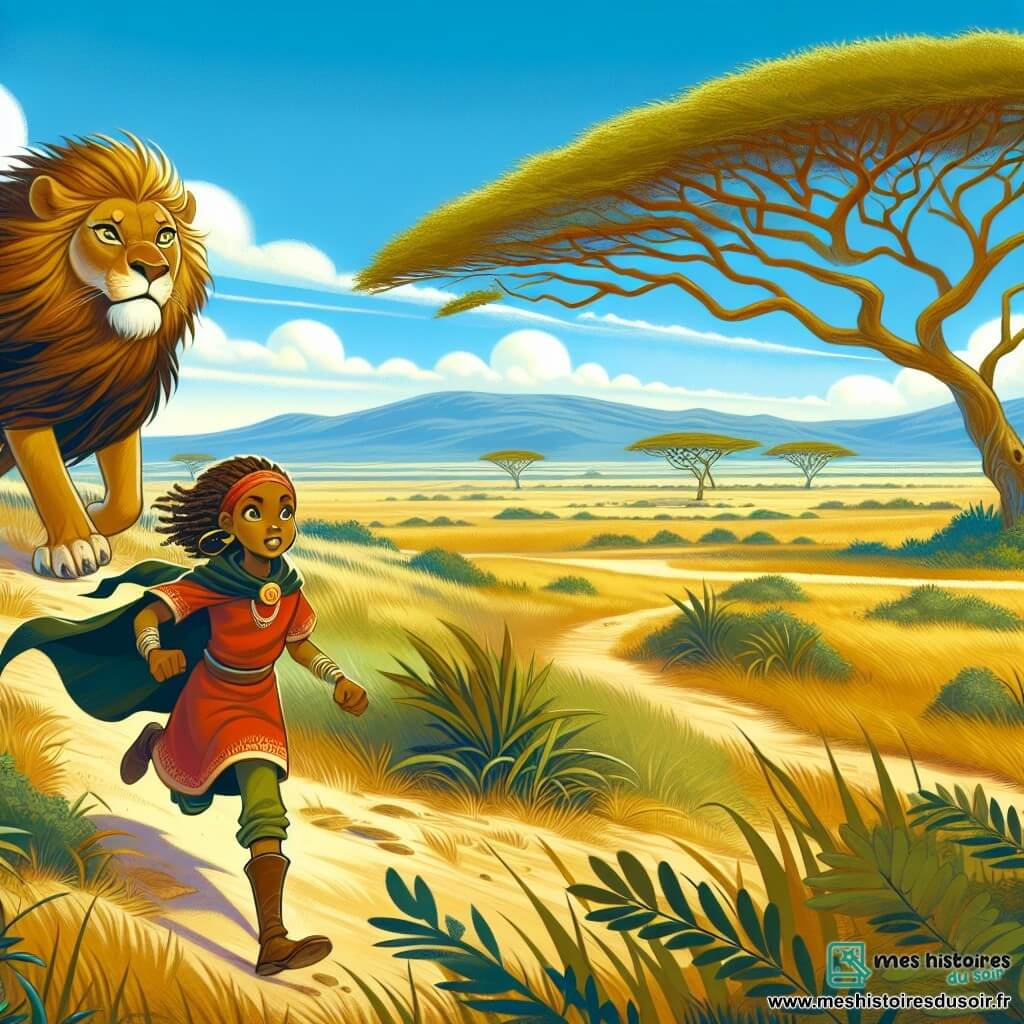 Une illustration destinée aux enfants représentant une courageuse jeune femme, une quête périlleuse pour sauver un arbre sacré, un lion sage aux yeux pétillants de sagesse, dans les vastes plaines de savane du Kenya, où le ciel bleu s'étend à perte de vue et les acacias dansent au rythme du vent chaud.