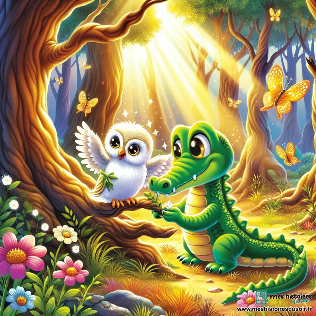 Illustration d'une clairière magique baignée de lumière dorée, entourée de grands arbres noueux et de fleurs colorées dansant au vent. Au centre, un jeune crocodile vert vif, aux écailles brillantes et aux yeux curieux, se penche pour libérer une petite chouette blanche coincée dans un buisson d'épines. La chouette, aux ailes délicates et aux yeux ronds, regarde le crocodile avec gratitude, ses plumes scintillant au soleil. En arrière-plan, des papillons aux ailes dorées virevoltent, ajoutant une touche de magie. La scène dégage une sensation d'amitié et de bienveillance, illustrant le moment où le crocodile aide la chouette, symbolisant gentillesse et courage.