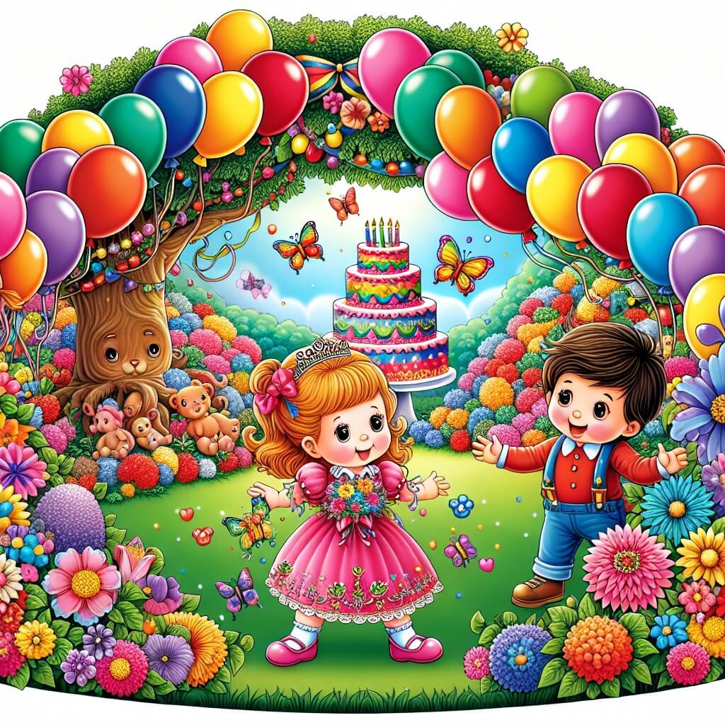Une illustration destinée aux enfants représentant une petite fille joyeuse et pleine de vie, entourée de ballons colorés et d'un magnifique gâteau d'anniversaire, accompagnée de son meilleur ami, dans un jardin enchanté rempli de fleurs multicolores et d'un grand arbre majestueux.