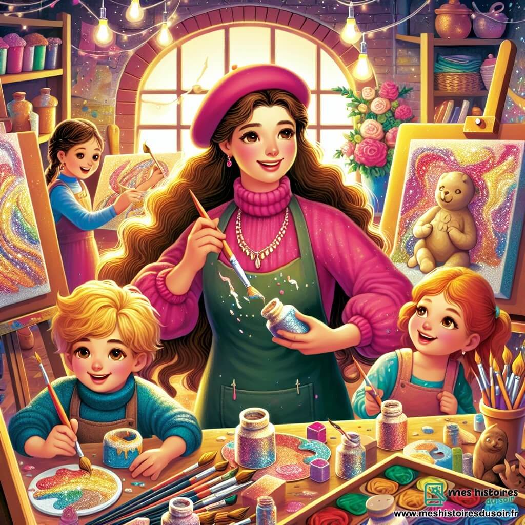 Une illustration destinée aux enfants représentant une artiste passionnée de Montfleury, entourée de deux enfants curieux, dans un atelier coloré rempli de toiles chatoyantes, de sculptures en argile et de pinceaux magiques.