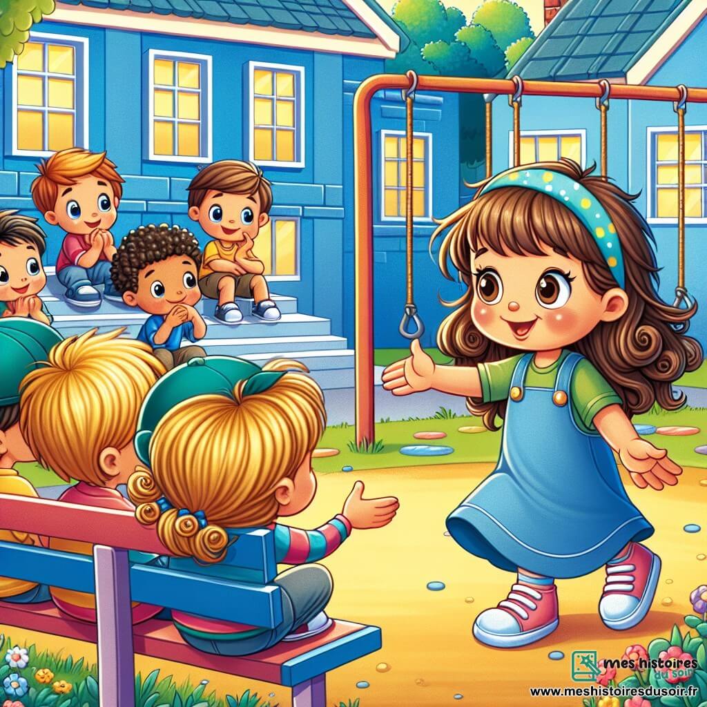 Une illustration sous forme de dessin destinée aux enfants représentant une cour d'école colorée avec des murs peints en bleu et jaune, où une petite fille de 5 ans aux grands yeux marron et aux cheveux bouclés, souriante et pleine de vie, tend la main vers une autre fille blonde et timide assise sur un banc, tandis qu'un groupe d'enfants aux cheveux bruns et châtains les observe avec curiosité et bienveillance, illustrant un moment de solidarité et d'amitié alors qu'elles s'apprêtent à jouer ensemble, entourées de balançoires et de fleurs dans le jardin.
