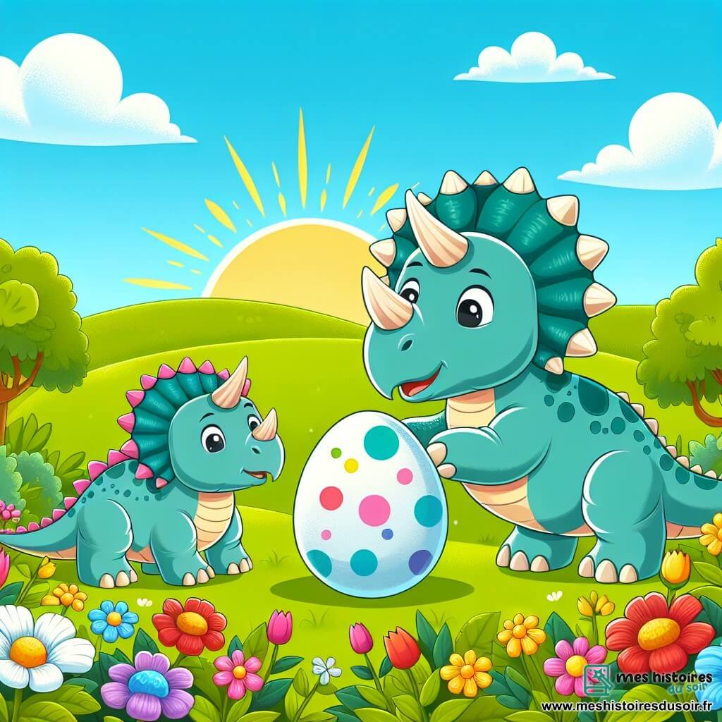 Une illustration destinée aux enfants représentant un jeune tricératops mâle découvrant un œuf brillant, accompagné d'un bébé tricératops mâle, dans une vallée verdoyante parsemée de fleurs colorées, sous un ciel bleu azur.