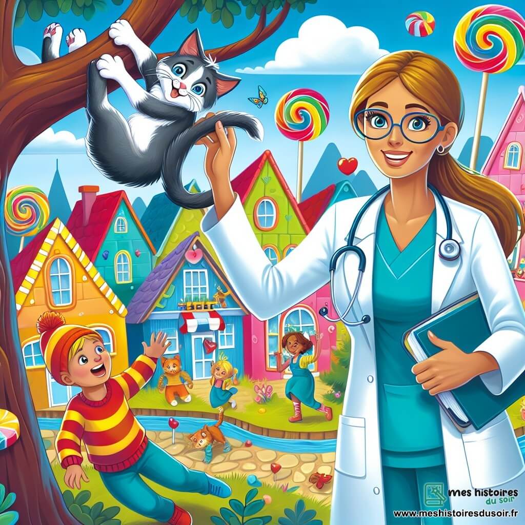 Une illustration destinée aux enfants représentant une femme médecin dynamique, une situation d'urgence avec un chaton espiègle coincé dans un arbre, un garçon courageux et des enfants joyeux, dans une petite ville colorée de Campagneville avec des maisons en forme de bonbons et des arbres en forme de sucettes.