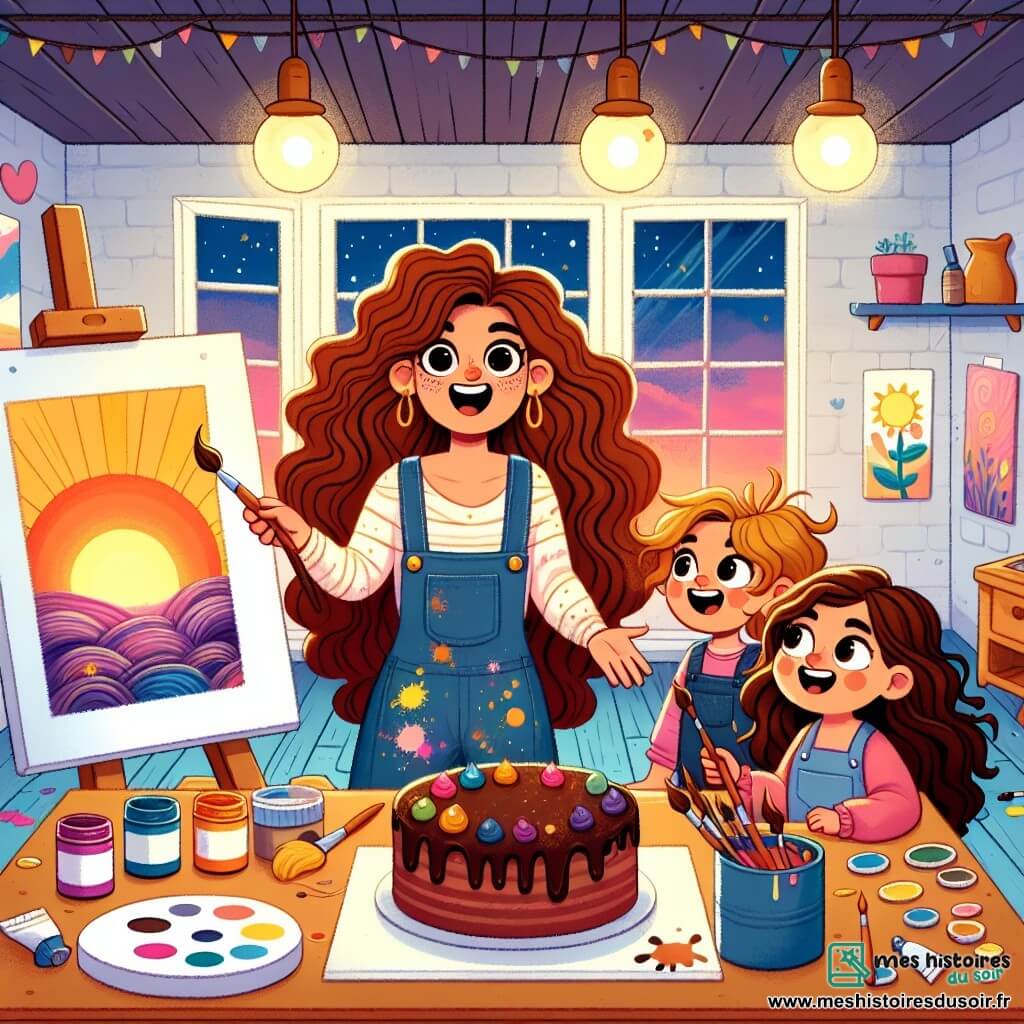 Une illustration sous forme de dessin destinée aux enfants représentant un atelier d'artiste lumineux, rempli de toiles colorées et de pots de peinture éclatants, où une femme aux longs cheveux bouclés et à la salopette pleine de taches de peinture montre avec enthousiasme à deux enfants, une fille aux yeux pétillants et un garçon aux cheveux en bataille, comment peindre un coucher de soleil magique sur une toile, tandis qu'un grand gâteau au chocolat trône sur une table à côté, symbolisant la joie et la créativité partagée.