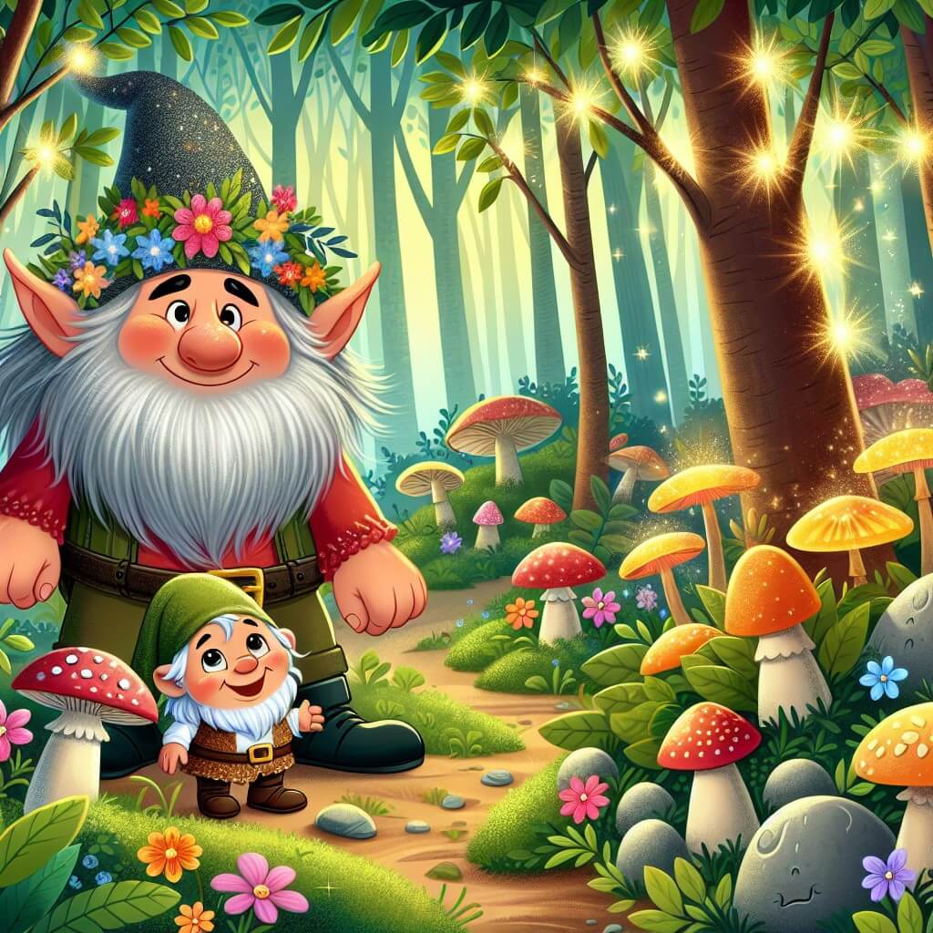 Une illustration destinée aux enfants représentant un troll farceur, accompagné d'un adorable lutin, dans une forêt enchantée remplie de champignons lumineux, de fleurs brillantes et d'arbres aux feuilles chatoyantes.
