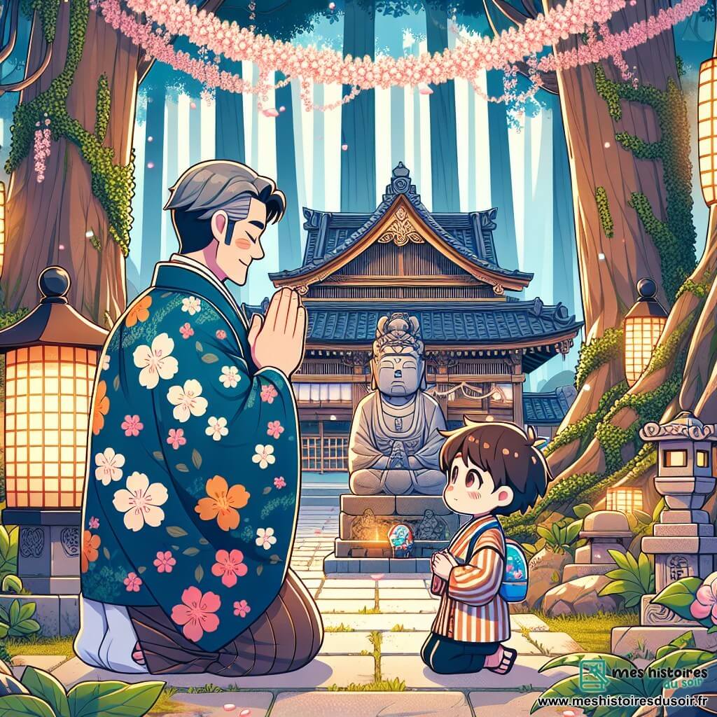 Illustration d'un ancien temple japonais caché derrière des arbres majestueux, avec des murs recouverts de lierre et des lanternes en pierre illuminées d'une douce lumière dorée. Au centre, un homme d'une cinquantaine d'années, aux cheveux noirs légèrement grisonnants, porte un kimono traditionnel bleu orné de motifs floraux et s'agenouille devant une statue d'esprit, les mains jointes en signe de gratitude. À ses côtés, un petit garçon d'environ huit ans, aux cheveux bruns et aux yeux pétillants, observe avec émerveillement, tenant un cerf-volant coloré. La scène dégage une atmosphère de paix et de magie, avec des pétales de cerisier flottant dans l'air, ajoutant une touche de couleur et de douceur.