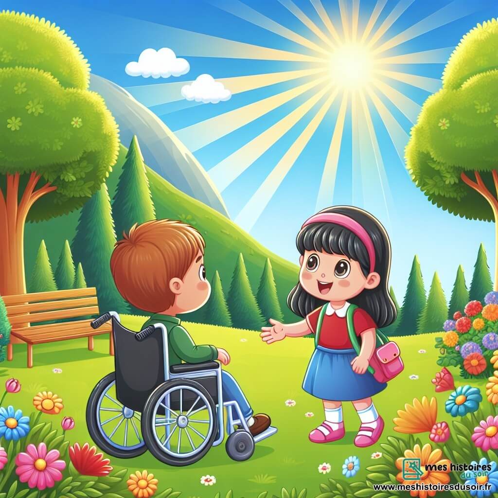 Une illustration destinée aux enfants représentant une petite fille curieuse découvrant une nouvelle amie en fauteuil roulant, dans un parc ensoleillé rempli de fleurs colorées et d'arbres majestueux.