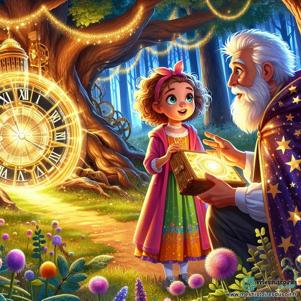Une illustration sous forme de dessin destinée aux enfants représentant une clairière enchantée au pied d'un vieux chêne majestueux, où une fille de 12 ans aux cheveux bouclés et aux yeux pétillants, vêtue d'une robe colorée, observe avec émerveillement une machine à voyager dans le temps scintillante, tandis qu'un homme âgé en cape étoilée, avec une barbe blanche et un sourire bienveillant, lui explique les mystères du voyage temporel, le tout baigné dans une lumière dorée et magique qui évoque l'aventure et la découverte.