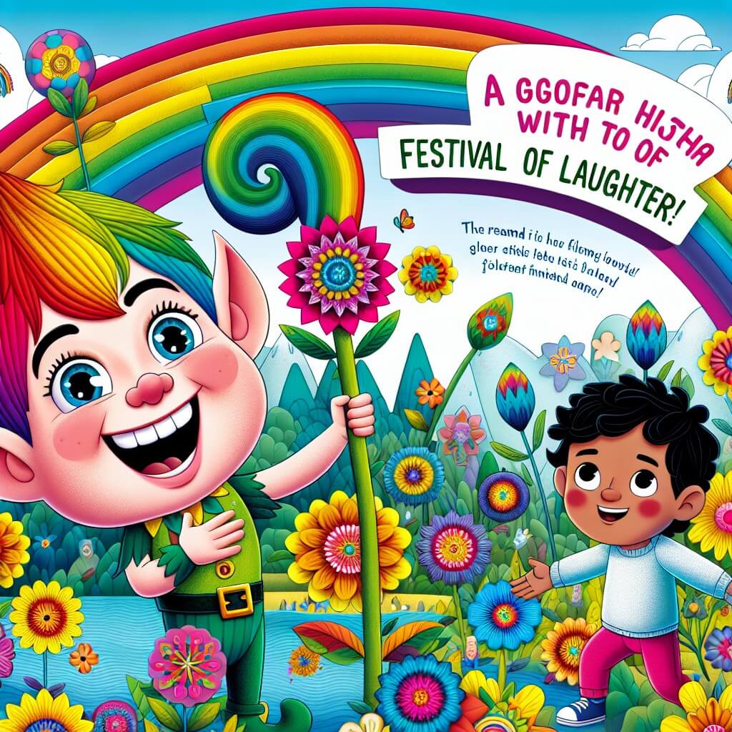 Une illustration destinée aux enfants représentant un elfe farceur aux cheveux arc-en-ciel, se trouvant dans un royaume enchanté rempli de fleurs multicolores, accompagné d'un jeune garçon, dans une situation où ils organisent une fête des rires pour célébrer l'humour et la joie.