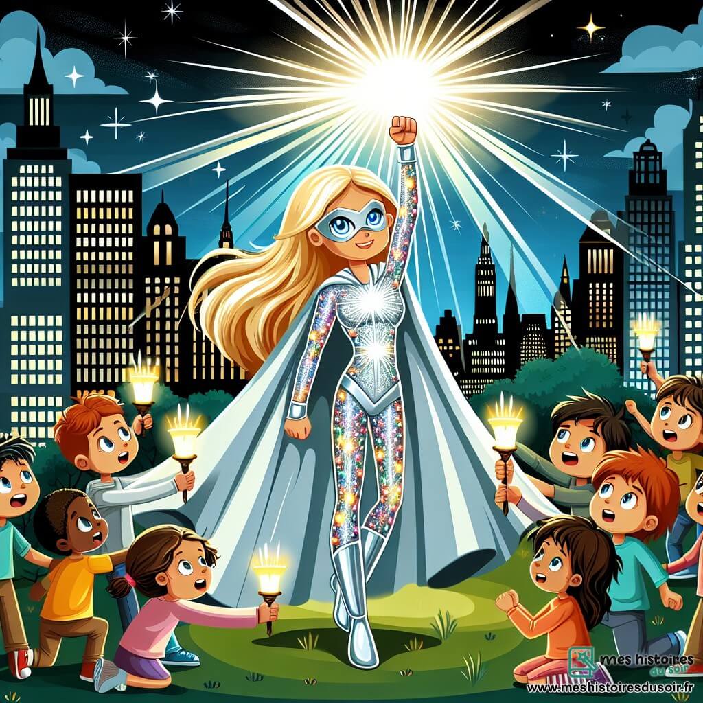 Une illustration sous forme de dessin destinée aux enfants représentant un parc central vibrant de couleurs, où une super-héroïne aux cheveux blonds éclatants et aux yeux bleus brillants, vêtue d'une combinaison argentée ornée de motifs lumineux, se tient fièrement au centre, levant les bras pour créer un rayon de lumière éclatant qui repousse des ombres menaçantes, tandis qu'un groupe d'enfants aux visages émerveillés, comprenant une fille aux cheveux bruns et un garçon aux cheveux ébouriffés, l'entoure en levant des lampes et des bougies, symbolisant l'unité et l'espoir face à l'obscurité.