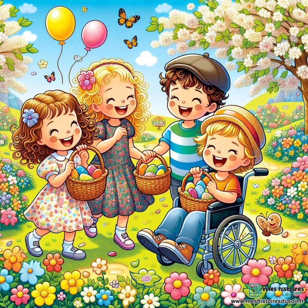 Une illustration sous forme de dessin destinée aux enfants représentant un parc ensoleillé de Fleurville, rempli de fleurs colorées et d'arbres en fleurs, où un groupe de quatre enfants de 7 ans, deux filles aux cheveux bouclés et blonds, l'une portant une robe fleurie et l'autre un t-shirt coloré, ainsi qu'un garçon aux cheveux bruns et une casquette, et une fille en fauteuil roulant avec un chapeau en paille, sont en train de rire et de chercher des œufs en chocolat cachés, tout en chantant joyeusement des chansons sur le printemps, avec des paniers en osier à la main et des ballons flottant dans l'air.