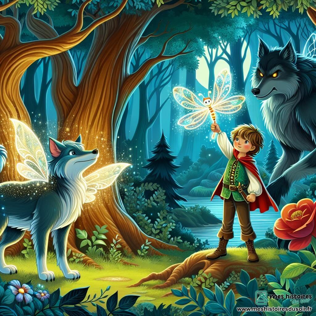 Une illustration destinée aux enfants représentant un garçon courageux affrontant un grand méchant loup dans une forêt enchantée, accompagné de sa fidèle amie Luna, une luciole brillante aux ailes scintillantes, avec des arbres majestueux aux feuilles chatoyantes et une grotte sombre et mystérieuse en arrière-plan.
