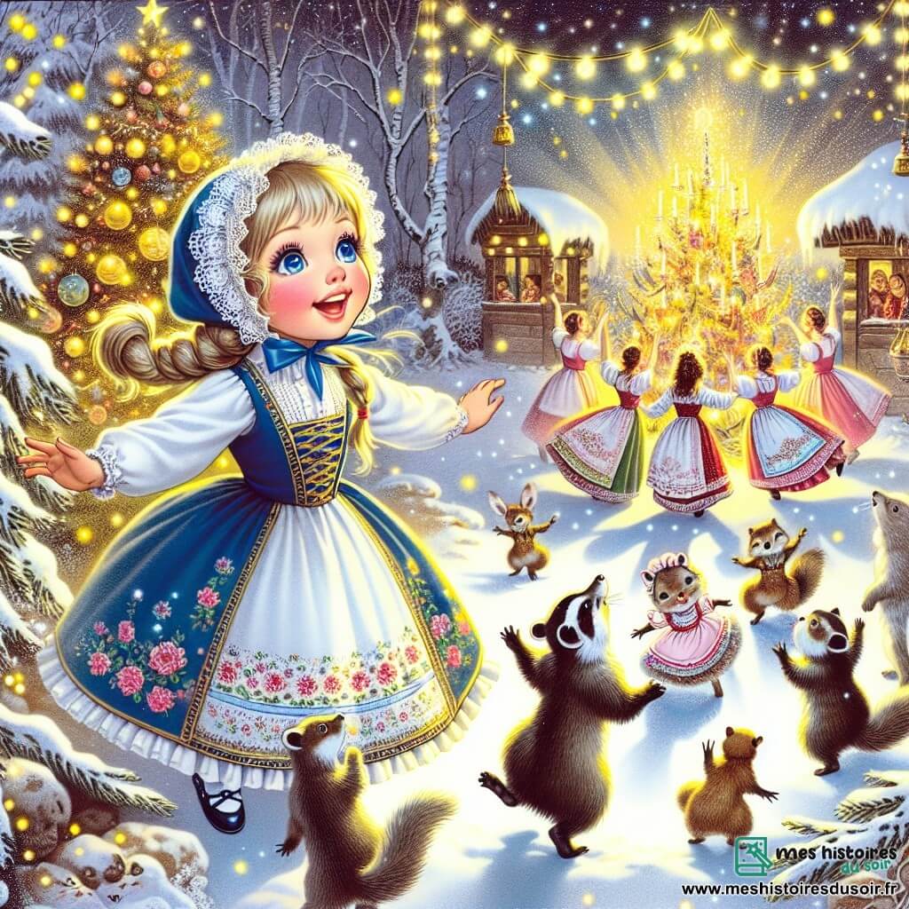Une illustration destinée aux enfants représentant une jeune fille rayonnante lors de la fête du nouvel an, observant avec émerveillement une danse joyeuse des animaux de la forêt, dans un jardin enneigé scintillant de lumières et de magie.