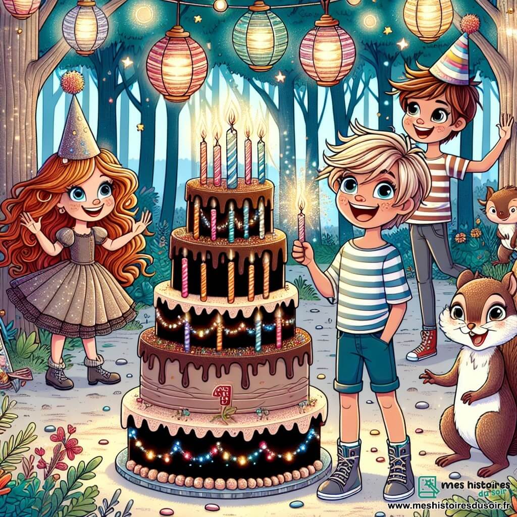 Une illustration sous forme de dessin destinée aux enfants représentant une clairière enchantée dans la Forêt des Murmures, où un garçon de 11 ans aux cheveux blonds ébouriffés et au sourire rayonnant, vêtu d'une chemise à rayures et d'un short, se tient au centre, entouré de ses amis, dont une fille aux boucles rousses et aux yeux pétillants, qui tient un chapeau de fête, tandis qu'un écureuil aux yeux malicieux danse joyeusement à ses pieds, tous célébrant ensemble un anniversaire magique avec des lanternes flottantes et un immense gâteau au chocolat décoré de bougies scintillantes.