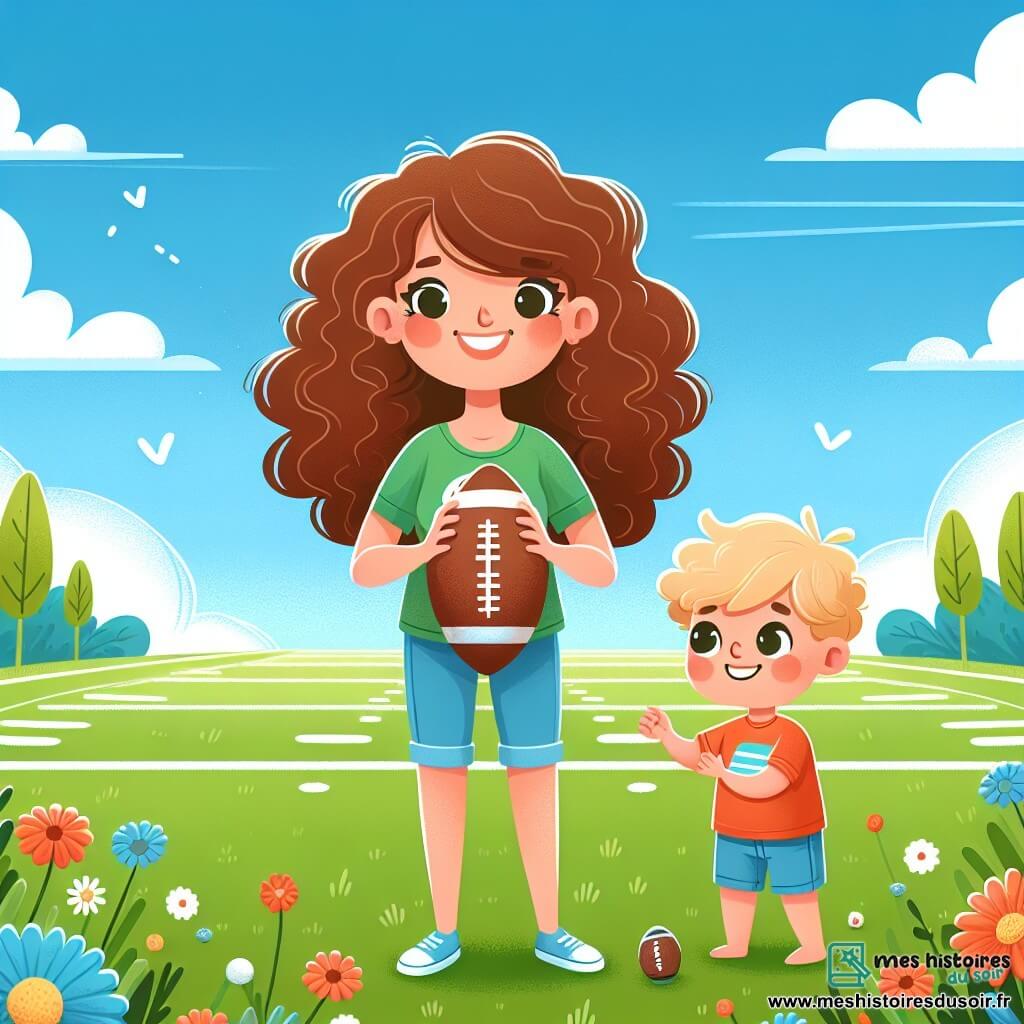 Une illustration sous forme de dessin destinée aux enfants représentant un terrain de football verdoyant sous un ciel bleu éclatant, avec une femme aux cheveux bouclés et bruns, souriante, en train de dribbler un ballon de football, tandis qu'un petit garçon aux cheveux blonds et courts, vêtu d'un t-shirt coloré, l'observe avec émerveillement, prêt à apprendre à jouer, le tout entouré de fleurs sauvages et d'arbres, symbolisant l'amitié et la joie du jeu.
