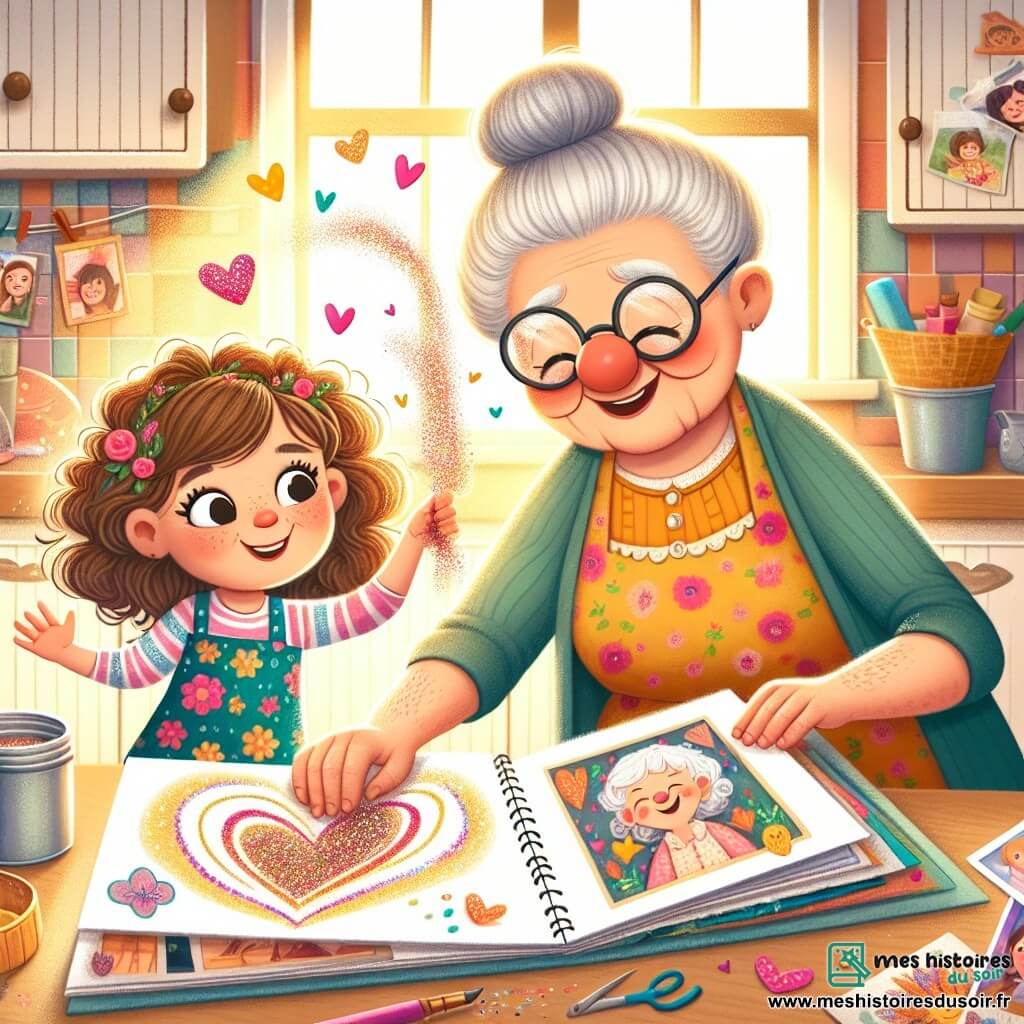 Une illustration sous forme de dessin destinée aux enfants représentant une cuisine chaleureuse et ensoleillée, où une petite fille de 5 ans aux cheveux bouclés et bruns, portant une robe à fleurs colorées, est en train de créer un album photo fait main avec sa grand-mère, une femme âgée aux cheveux gris et aux lunettes rondes, qui sourit tendrement tout en ajoutant des paillettes sur les pages, tandis qu'un grand cœur dessiné et des photos de moments heureux sont éparpillés autour d'elles, capturant l'esprit joyeux et créatif de la préparation d'un cadeau pour la fête des pères.