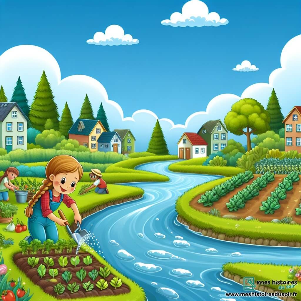 Une illustration destinée aux enfants représentant une fille passionnée par la nature, qui crée un jardin communautaire avec l'aide de ses voisins, dans un petit village bordé par une rivière étincelante et des champs verdoyants, sous un ciel bleu parsemé de nuages blancs.