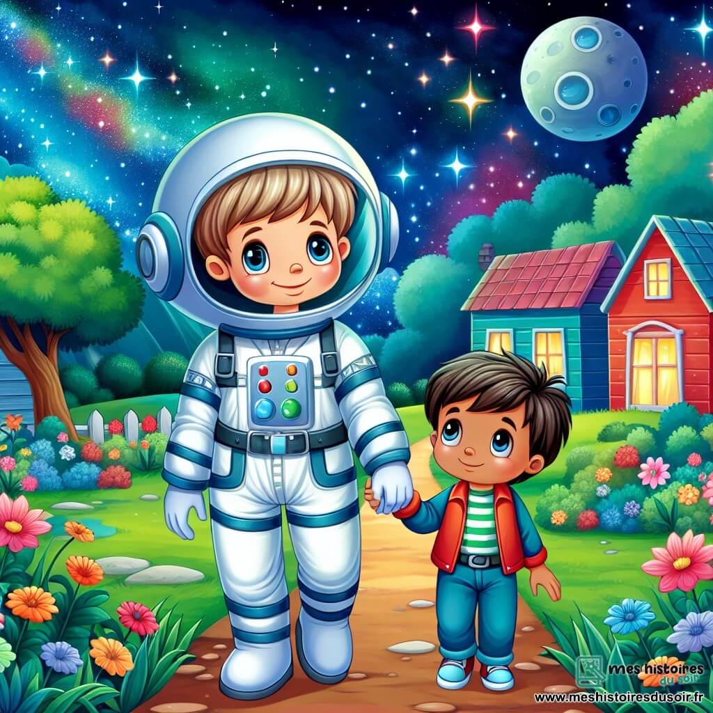 Une illustration destinée aux enfants représentant un jeune homme rêveur, passionné par l'espace, accompagné d'un astronaute bienveillant, évoluant dans un village paisible aux maisons colorées et aux jardins fleuris, sous un ciel étoilé.
