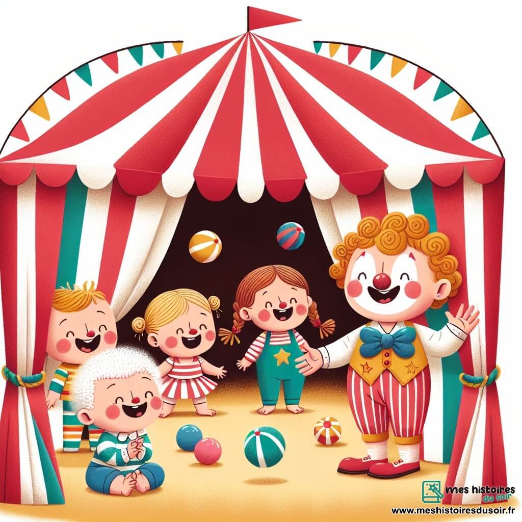 Une illustration sous forme de dessin destinée aux enfants représentant un grand chapiteau de cirque coloré, avec des rayures rouges et blanches, où un groupe de jeunes enfants de 1 an, joyeux et souriants, s'amusent ensemble, l'un d'eux, un petit garçon aux cheveux bouclés et aux yeux pétillants, lançant des balles en riant, tandis qu'une petite fille aux cheveux tressés et vêtue d'un costume d'acrobate les observe avec admiration, et un grand clown au nez rouge et aux vêtements colorés, riant aux éclats, les encourage à s'amuser, créant une atmosphère de joie et d'émerveillement.