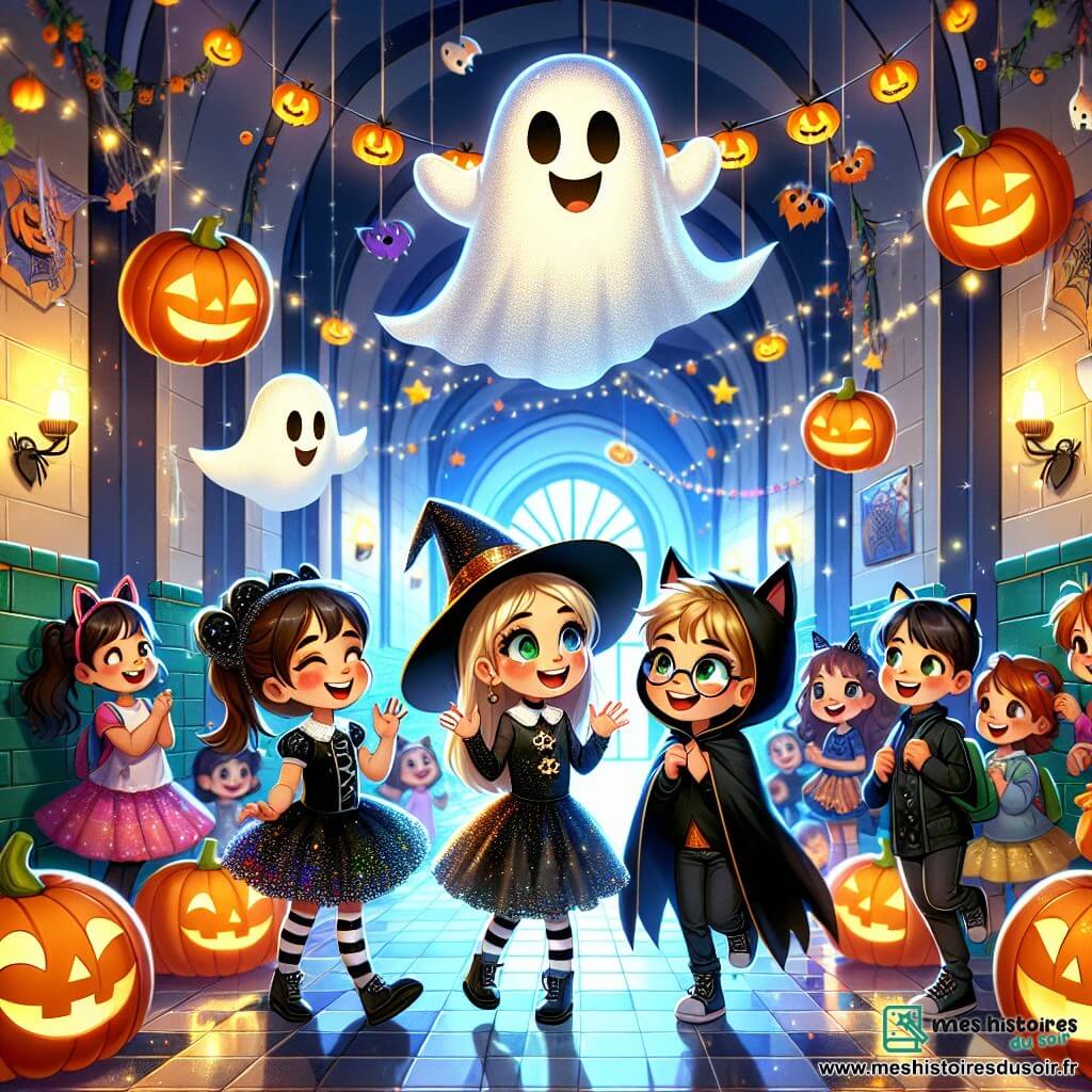 Illustration destinée aux enfants représentant un couloir d'école décoré pour Halloween, avec des citrouilles souriantes et des fantômes en papier flottant. Au centre, un groupe de trois enfants de 5 ans, deux filles et un garçon, déguisés en sorcière, chat noir et petit fantôme, explorent avec émerveillement. La fille en sorcière porte une robe noire scintillante et un chapeau pointu, la fille en chat noir a des oreilles de chat et une queue, tandis que le garçon en fantôme a un drap blanc avec des yeux ronds dessinés. Ils découvrent une grande toile d'araignée qui scintille sous la lumière, tandis qu'un petit fantôme rigolo, avec un grand sourire et des yeux pétillants, les observe en flottant joyeusement. L'atmosphère est à la fois mystérieuse et joyeuse, remplie de couleurs vives et de décorations d'Halloween.