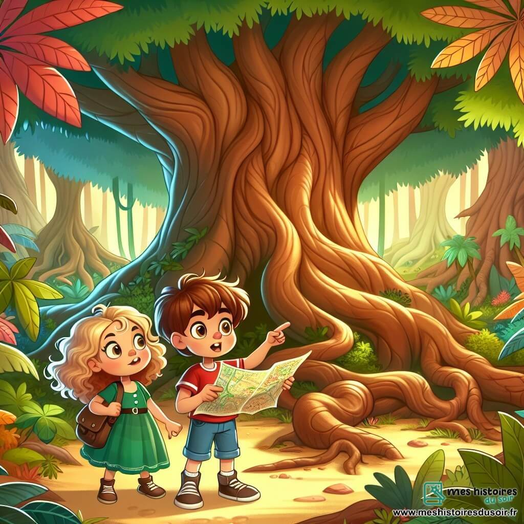 Une illustration sous forme de dessin destinée aux enfants représentant une jungle dense et colorée, avec des arbres gigantesques aux feuilles éclatantes, où un garçon de 5 ans aux grands yeux curieux et aux cheveux châtains, portant un t-shirt rouge et un short bleu, tient une vieille carte dans ses mains, tandis qu'à ses côtés, une fille de son âge, aux cheveux blonds et bouclés, vêtue d'une robe verte, pointe du doigt vers un immense arbre aux racines tordues, alors qu'ils s'apprêtent à entrer dans un passage secret pour sauver un royaume magique en danger.