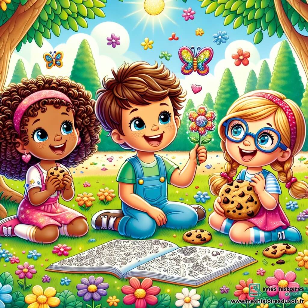 Illustration destinée aux enfants représentant un parc ensoleillé, rempli de grands arbres aux feuilles vertes éclatantes et de fleurs colorées qui dansent au gré du vent. Au centre, un groupe de trois enfants de sept ans, deux filles et un garçon, s'asseyent sur l'herbe douce : la première fille a des cheveux bouclés et des yeux pétillants, elle tient un livre de coloriage, la deuxième fille a des tresses et un sourire lumineux, tandis que le garçon, avec des lunettes et des cheveux bruns, regarde attentivement une fleur brillante qu'ils viennent de cueillir. Ensemble, ils rient et partagent des biscuits au chocolat, entourés de dessins colorés, incarnant la magie de l'amitié et la joie de surmonter les petits tracas de la vie.