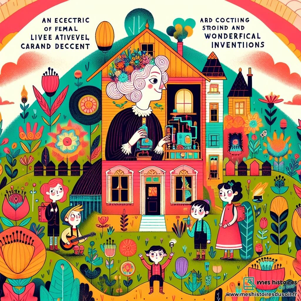 Une illustration destinée aux enfants représentant une inventrice excentrique (femme) et ses jeunes amis (garçons et filles) vivant dans une maison colorée en haut d'une colline, entourée de jardins où poussent des plantes étranges et merveilleuses, créant des inventions farfelues.