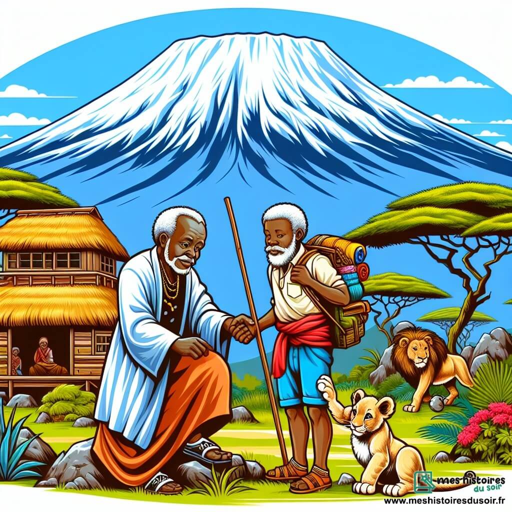 Une illustration destinée aux enfants représentant un homme sage et respecté vivant dans un village au cœur de la savane, aidant un lionceau pris au piège, avec en toile de fond le majestueux mont Kilimandjaro et ses animaux fantastiques.