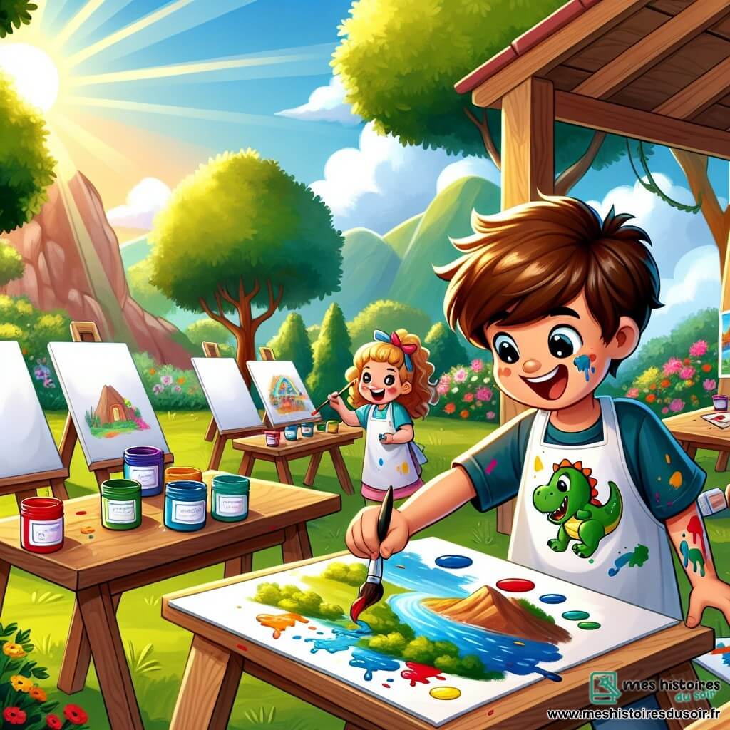 Illustration d'un atelier de peinture en plein air dans un centre communautaire lumineux, avec de grandes feuilles blanches sur des tables en bois, entourées de pots de peinture vives : rouge, bleu, jaune et vert. Des arbres verdoyants et des fleurs colorées embellissent le jardin. Au premier plan, un garçon de sept ans, aux cheveux bruns et aux yeux pétillants, est concentré sur sa toile. Il porte un t-shirt avec un dinosaure et a des éclaboussures de peinture sur les bras. À côté de lui, une fille de son âge, aux cheveux blonds et bouclés, sourit en tenant un pinceau, portant une blouse de peinture et admirant le tableau du garçon. La scène montre leur création de paysages imaginaires, entourés d'autres enfants qui rient et peignent. Des éclats de rire résonnent, créant une atmosphère joyeuse et créative. En arrière-plan, des enfants mélangent des couleurs et d'autres dessinent sur le sol, évoquant une ambiance de camaraderie et de découverte, typique des vacances d'été.