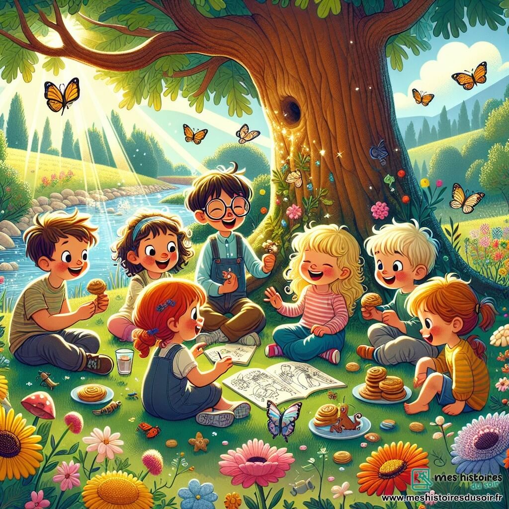 Illustration destinée aux enfants représentant un groupe d'enfants de cinq ans, assis en cercle sous un grand chêne dans un parc ensoleillé, entouré de fleurs colorées et d'un ruisseau scintillant. Au centre, un garçon aux cheveux en désordre et au sourire éclatant tient un petit bateau en papier, tandis qu'une fille aux boucles dorées partage des biscuits, et un garçon aux lunettes dessine sur un carnet. Une autre fille aux yeux pétillants observe le ruisseau, excitée, tandis qu'un garçon curieux examine des insectes sur une fleur. Tous les enfants rient et échangent des histoires, illustrant la joie de l'amitié et l'esprit d'aventure. Des papillons virevoltent autour d'eux, ajoutant une touche de magie à cette scène pleine de vie et de camaraderie.