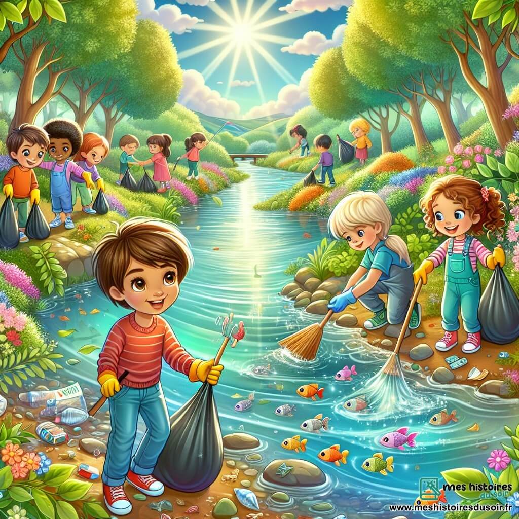 Illustration d'un ruisseau scintillant au soleil, entouré d'arbres verdoyants et de fleurs colorées. L'eau claire abrite des petits poissons nageant joyeusement, tandis que des feuilles flottent à la surface. Au premier plan, quatre enfants de six ans nettoient le ruisseau. Deux garçons, l'un brun et l'autre blond, portent des gants et tiennent des sacs poubelles. Le garçon brun sourit avec détermination, tandis que le blond examine avec curiosité un déchet. À leurs côtés, deux filles souriantes, l'une aux cheveux bouclés et l'autre lisses, tiennent des affiches colorées sur la protection de la nature. La scène évoque camaraderie et engagement, avec d'autres enfants en arrière-plan ramassant des déchets, tandis que des oiseaux chantent. Des rayons de soleil illuminent l'ensemble, créant une ambiance joyeuse et inspirante.