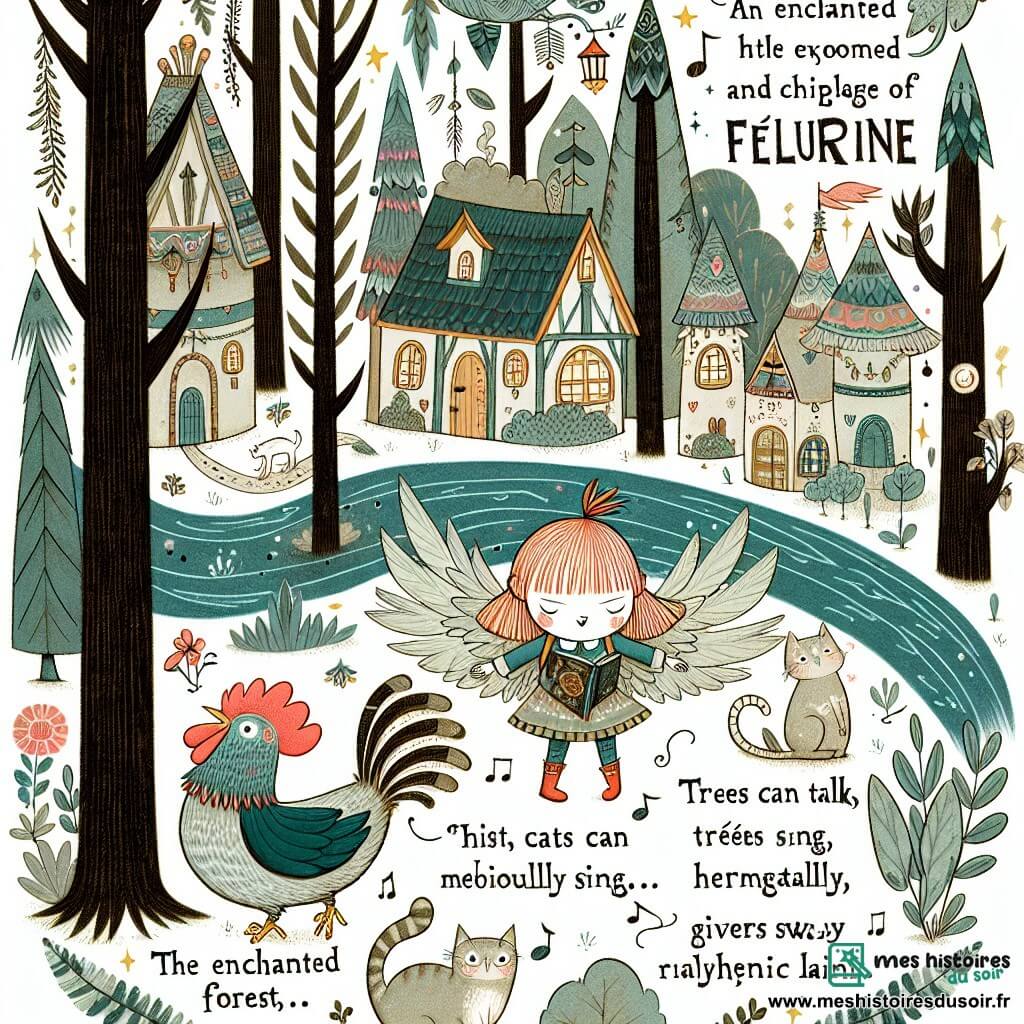 Une illustration destinée aux enfants représentant une fillette curieuse se promenant dans une forêt enchantée accompagnée d'un drôle de gnourf à ailes de poulet, au cœur du village de Félurine où les chats parlent, les arbres chantent et les rivières dansent.