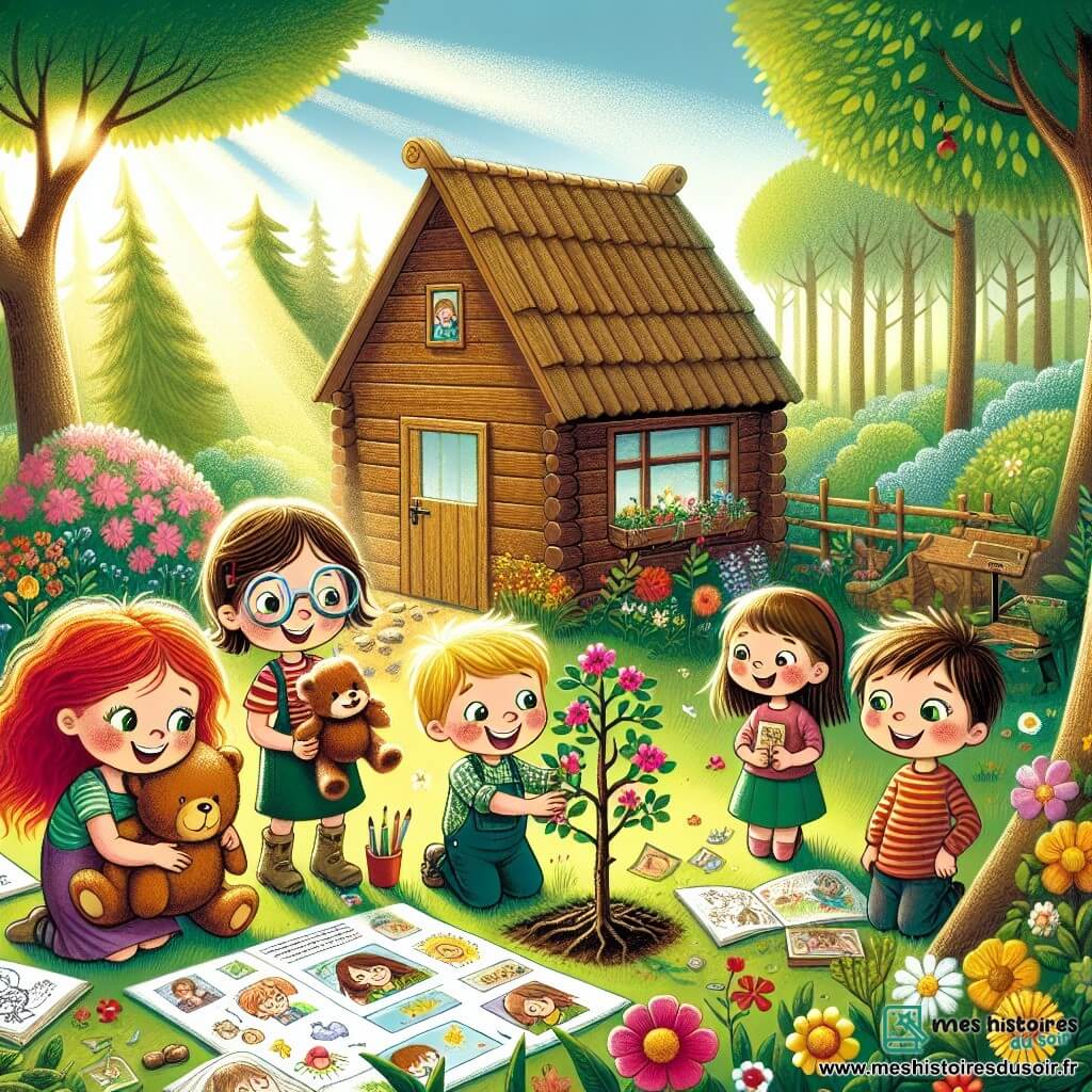 Illustration destinée aux enfants représentant une cabane en bois nichée au cœur d'une forêt verdoyante, entourée de fleurs colorées et de rayons de soleil filtrant à travers les feuilles. Au premier plan, un groupe de quatre enfants de 9 ans : une fille aux cheveux roux flamboyants, souriante, tenant un ours en peluche, un garçon aux lunettes rondes riant joyeusement, une fille aux cheveux bruns caressant un dessin, et un petit garçon énergique avec des cheveux blonds, les yeux pétillants d'enthousiasme. Ils se tiennent ensemble, entourés de souvenirs, en train de créer un album de souvenirs pour célébrer la mémoire d'un être cher, avec des dessins, des photos et un jeune cerisier en fleurs planté à côté d'eux, symbolisant l'espoir et la continuité de la vie.