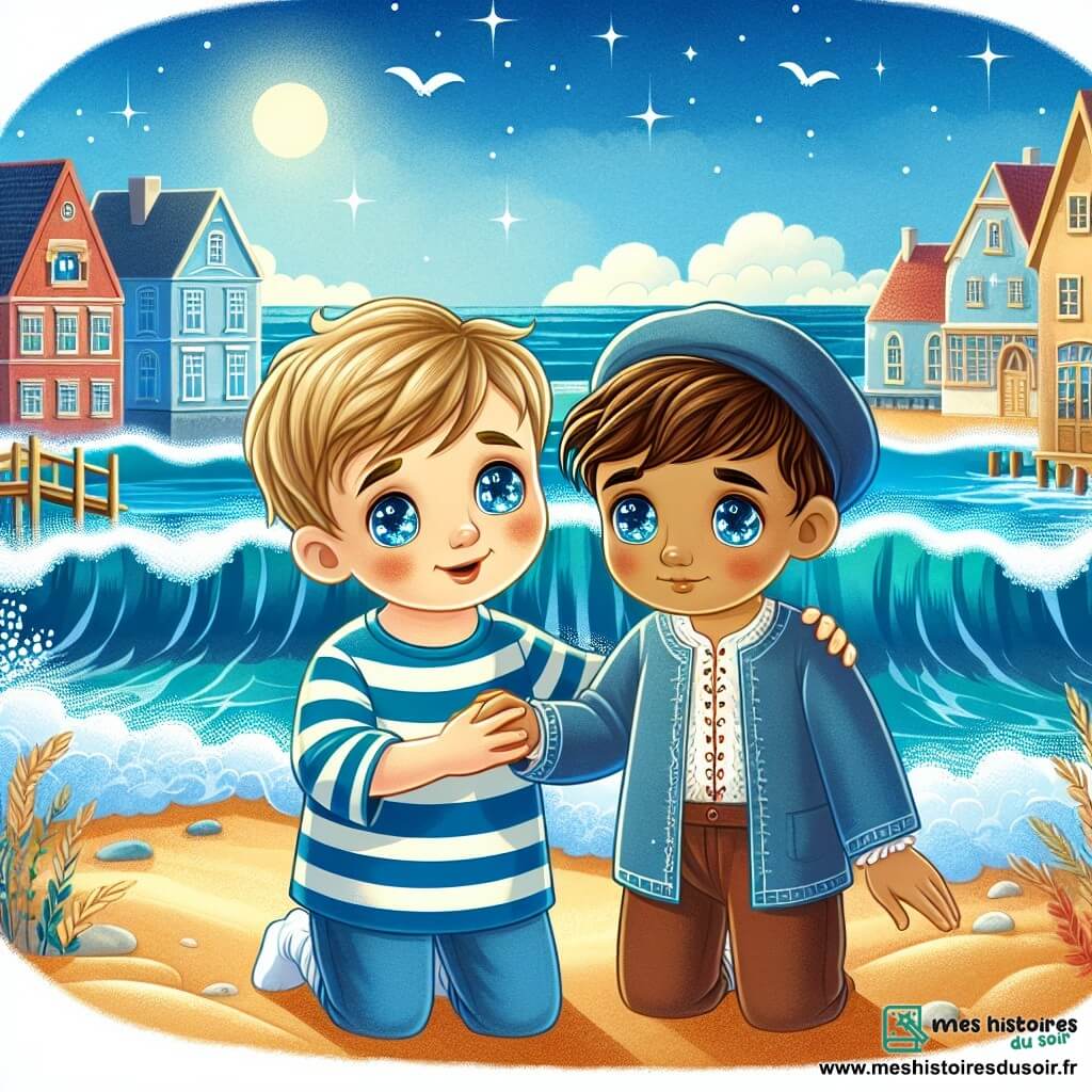 Une illustration destinée aux enfants représentant un garçon aux yeux pétillants se liant d'amitié avec un garçon triste d'origine étrangère, dans une petite ville au bord de la mer, sous un ciel bleu azur et des vagues douces caressant la plage de sable doré.