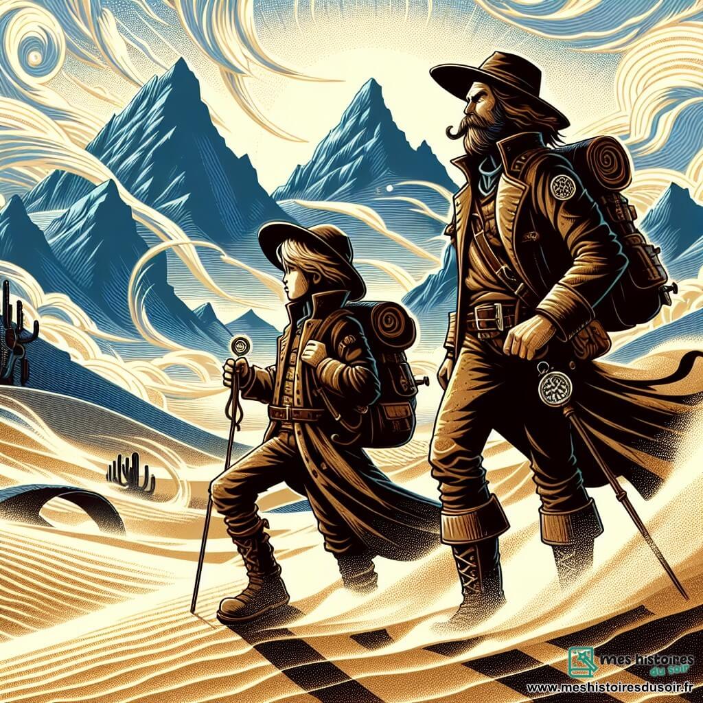 Une illustration destinée aux enfants représentant un explorateur courageux, accompagné d'un sage mentor, affrontant les tempêtes de sable dans un désert mystérieux entouré de montagnes majestueuses.