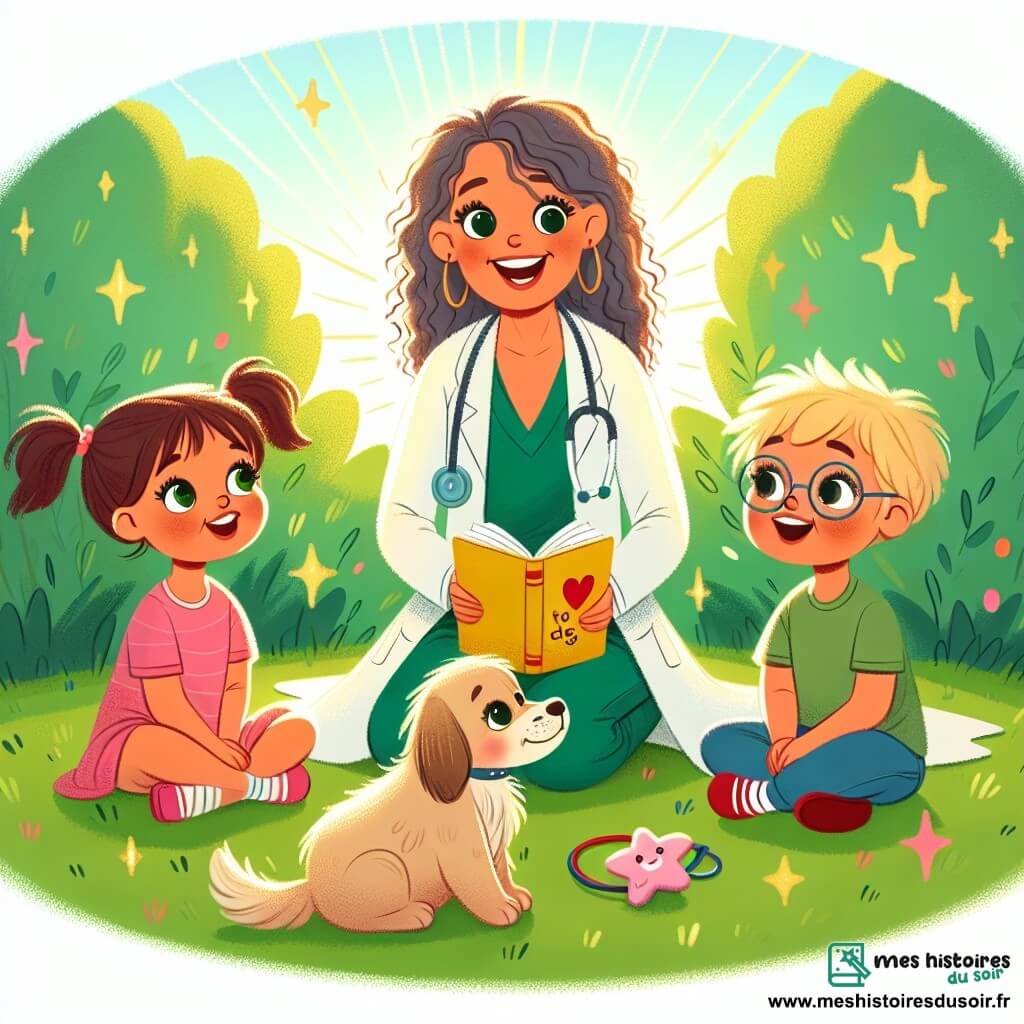 Une illustration sous forme de dessin destinée aux enfants représentant un parc verdoyant et ensoleillé, avec une vétérinaire souriante, une femme aux cheveux bouclés et à la blouse blanche, assise sur l'herbe, entourée de deux enfants : une petite fille blonde aux yeux pétillants qui écoute attentivement et un petit garçon aux lunettes qui pose une question, tandis qu'un jouet en forme de chien est posé à côté d'eux, illustrant un moment joyeux où la vétérinaire partage sa passion pour les animaux et inspire les enfants à devenir vétérinaires.