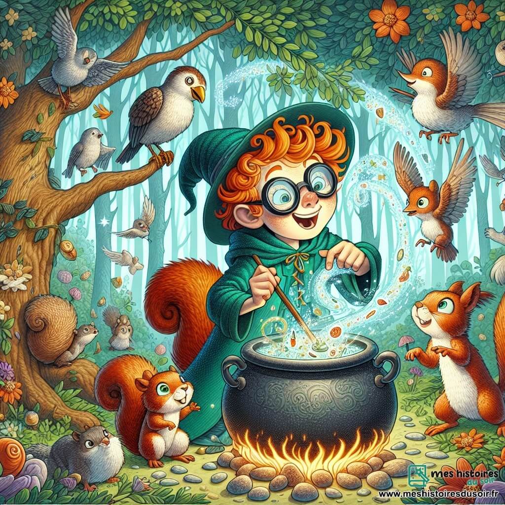 Une illustration sous forme de dessin destinée aux enfants représentant une forêt enchantée, où les arbres dansent et les fleurs chantent, avec un jeune sorcier aux cheveux flamboyants et aux lunettes rondes, en train de mélanger des ingrédients colorés dans un grand chaudron pétillant, entouré de son ami écureuil, un petit animal aux yeux vifs et à la queue touffue, qui rit aux éclats en regardant le sortilège hilarant prendre vie, tandis que des oiseaux et d'autres créatures de la forêt se rassemblent autour d'eux, captivés par la magie joyeuse qui les entoure.