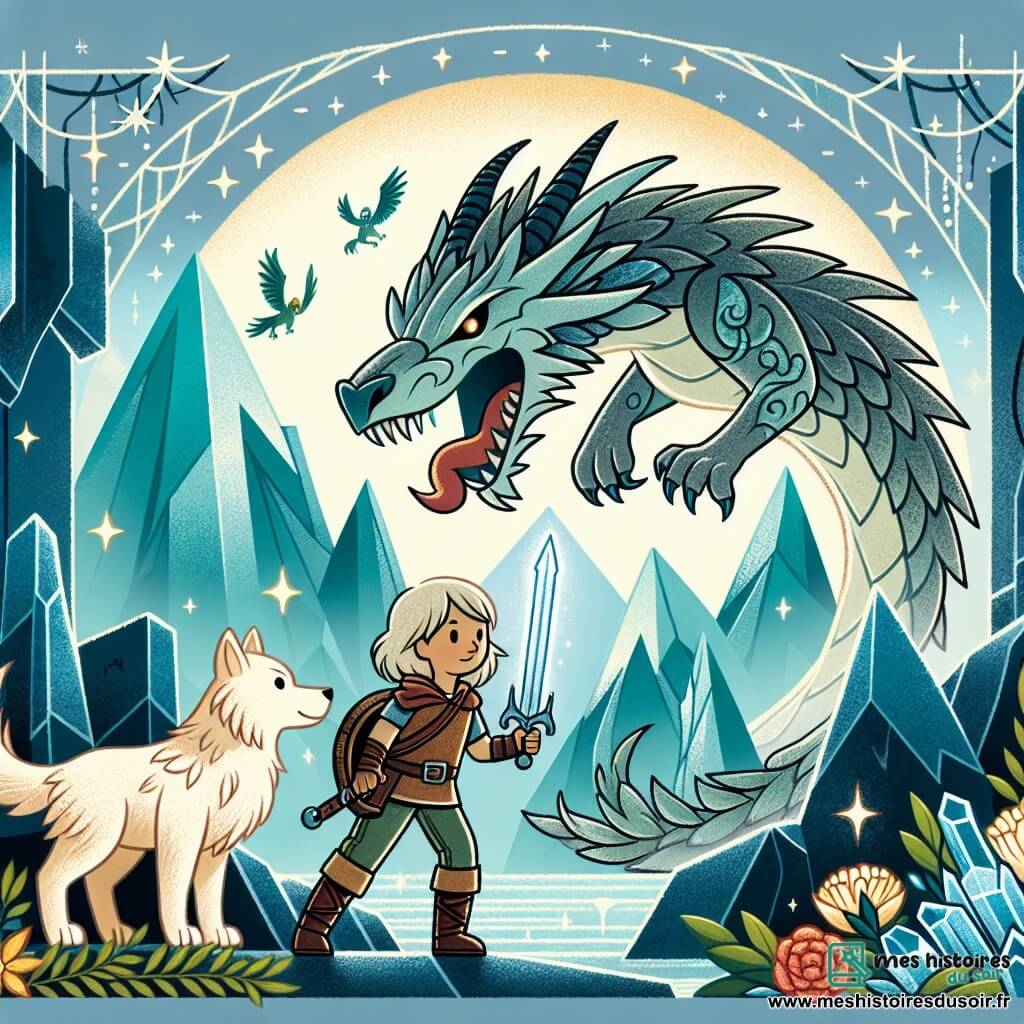 Une illustration destinée aux enfants représentant une aventurière courageuse affrontant un dragon maléfique sur la Montagne de l'Épreuve, accompagnée de son fidèle loup magique, dans le royaume scintillant de Cristallia.