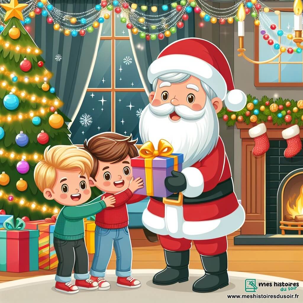 Une illustration destinée aux enfants représentant un petit garçon plein d'enthousiasme, aidant le Père Noël à distribuer des cadeaux, accompagné de son grand frère, dans un salon décoré de guirlandes scintillantes et d'un grand sapin orné de boules colorées.
