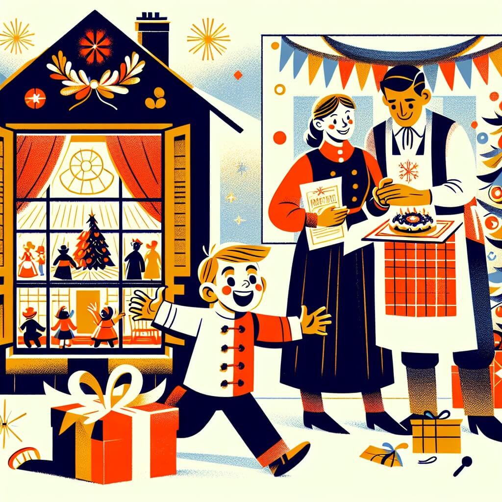 Une illustration destinée aux enfants représentant un jeune garçon plein d'enthousiasme préparant une soirée surprise pour sa famille, avec l'aide de sa maman, dans une maison chaleureusement décorée pour le réveillon du nouvel an.