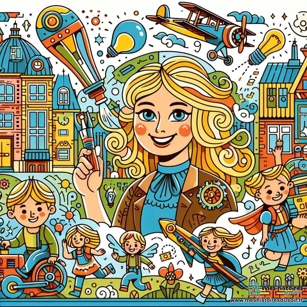 Une illustration destinée aux enfants représentant une femme brillante et créative, entourée de machines volantes et d'enfants souriants, dans un village coloré et animé, où l'imagination prend son envol.