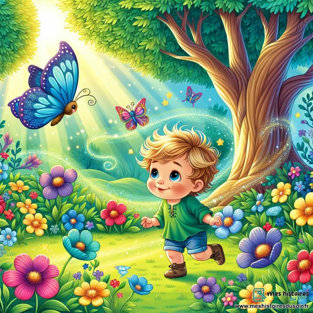 Illustration d'un jardin magique, rempli de fleurs colorées dansant dans le vent. Des arbres majestueux aux feuilles brillantes sous le soleil entourent un petit garçon de 1 an, aux grands yeux curieux et aux cheveux blonds en désordre, qui sourit en observant un papillon bleu. Il porte une tunique verte et des shorts en denim. À ses côtés, un papillon aux ailes bleu éclatant et motifs délicats semble lui chuchoter un secret. La scène respire la joie et la découverte, avec des rayons de soleil illuminant le jardin et créant des ombres douces. Les fleurs vives, rouges, jaunes et violettes, ajoutent une touche de magie.