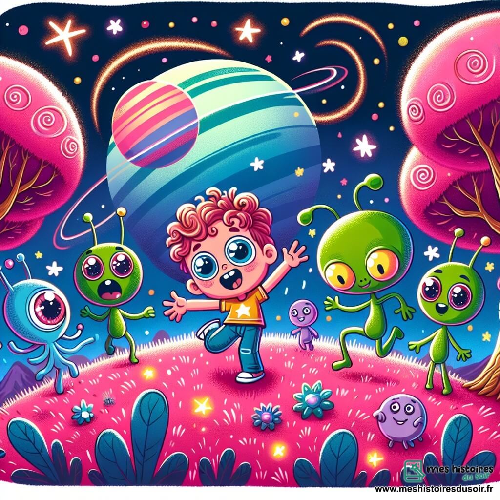 Une illustration sous forme de dessin destinée aux enfants représentant une planète colorée avec de l'herbe rose et des arbres en spirale, où un garçon de 5 ans aux grands yeux brillants et aux cheveux bouclés danse joyeusement au milieu d'une fête extraterrestre, entouré de créatures amicales : un extraterrestre vert aux yeux jaunes et aux bras fins qui saute de joie, et un petit être mauve, timide mais souriant, qui commence à se joindre à la danse, le tout sous un ciel étoilé illuminé par des feux d'artifice scintillants.