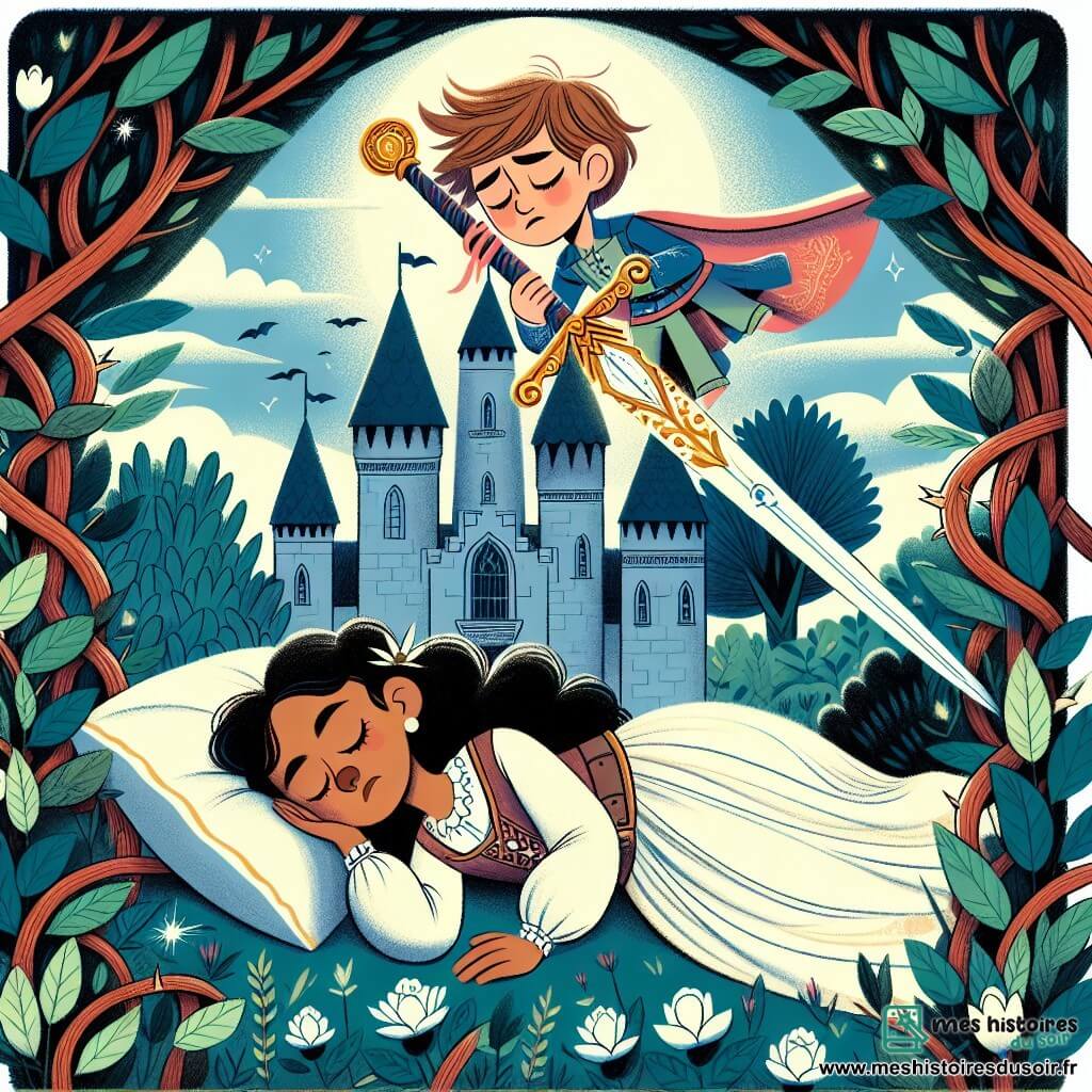 Une illustration destinée aux enfants représentant une jeune fille endormie sous l'ombre d'une épée brillante, accompagnée d'un courageux garçon aux cheveux ébouriffés, dans un château majestueux entouré de ronces épineuses et de jardins fleuris.